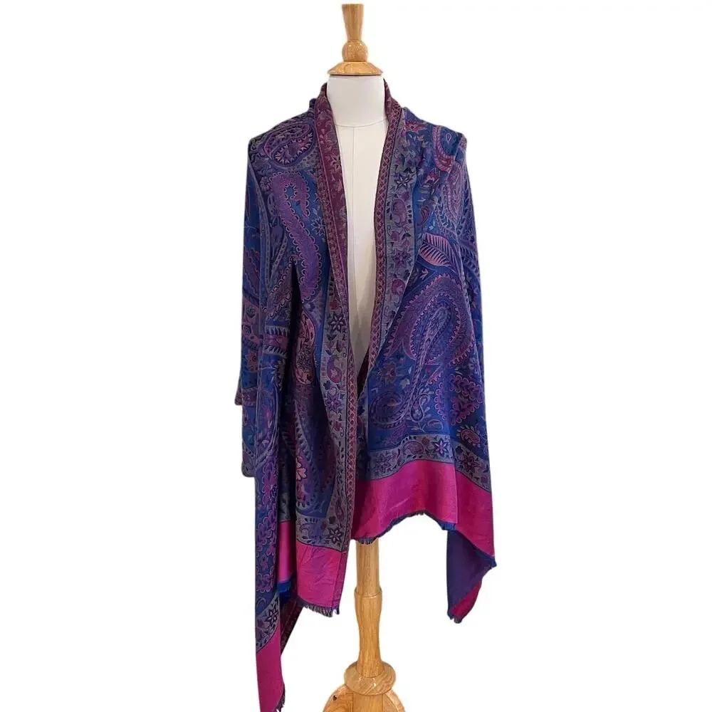 Large Royal Purple, Pink Reversible Paisley Floral Wrap / Shawl, Fringe, Boho